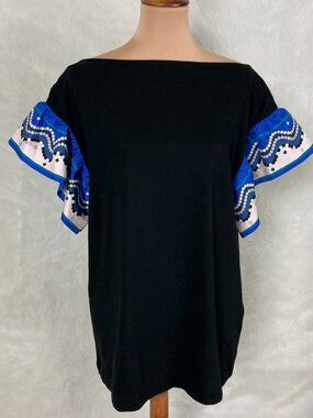 Emilio Pucci Black Cotton Jersey Blue Print Silk Flutter Sleeve Top L